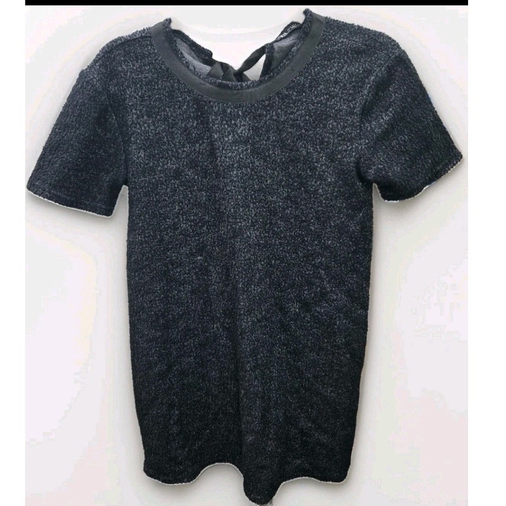 Zara Womens Knit Short Sleeve Top Dark Grey Open Back Ribbon Tie Small 8686/635